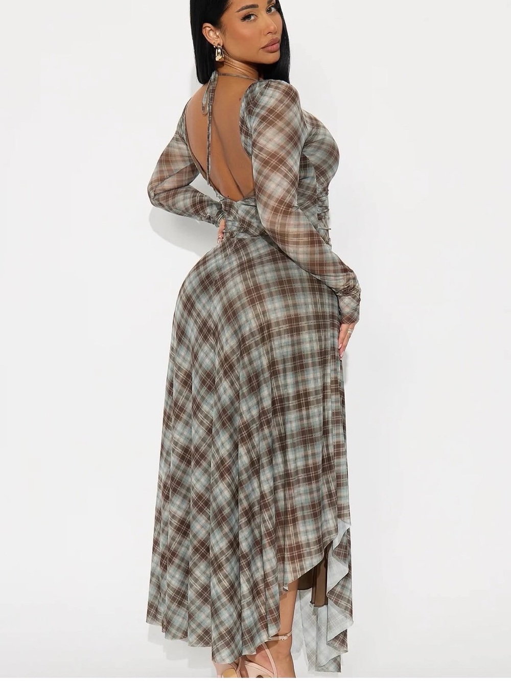Fashion Nova Brown & Mint Plaid Open-Back Maxi Dress